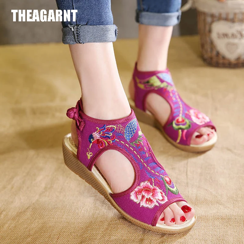 

THEAGRANT 2019 Cut Out Peep Toe Embroider Women Sandals National Style Hemp Wedge Ankle Wrap Spring Summer Women Shoes WSS3004