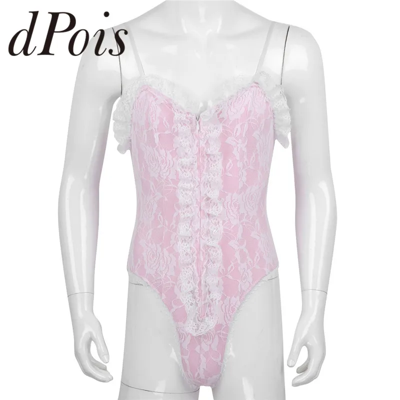 

Sissy Mens Lingerie One Piece Adjustable Spaghetti Shoulder Straps High Cut Sleepwear Gay Mens Sexy Ruffle Lace Teddy Bodysuit