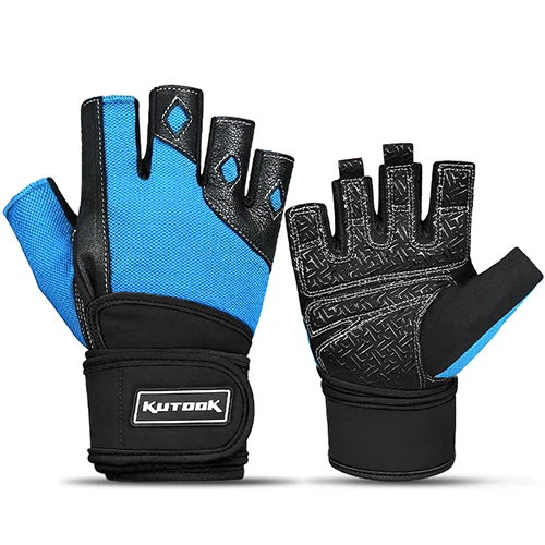 KUTOOK перчатки для поддержки запястья, тяжелой атлетики, дышащие противоскользящие перчатки для спортзала, спортивные перчатки с полупальцами, Защитные Перчатки для фитнеса - Цвет: Небесно-голубой
