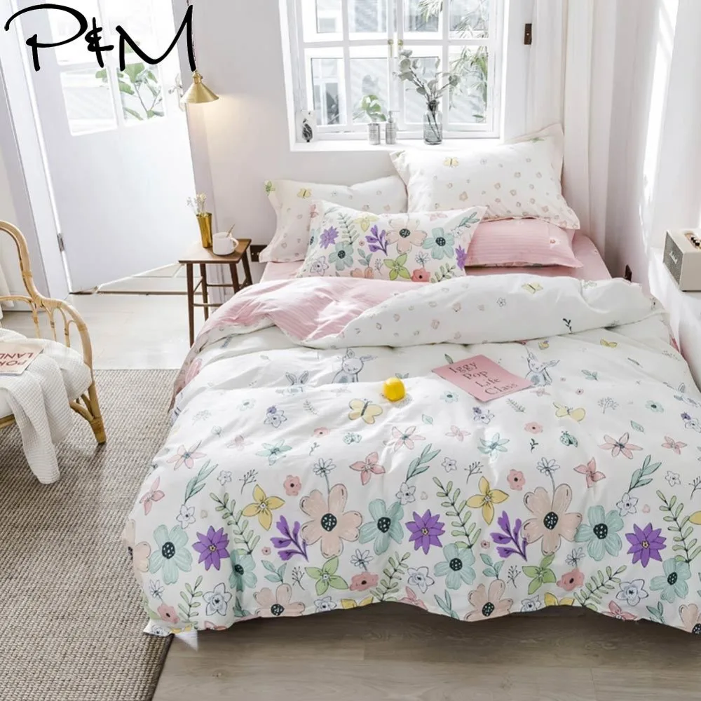 

2019 Floral Scandinavian Bedlinens Twin Full Queen Duvet Cover Set Cotton Fabric Bedding Set Flat Sheet Pillowcases