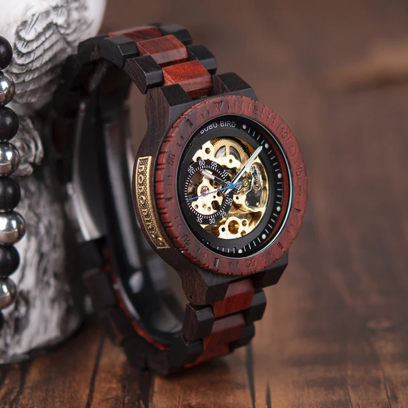 بوبو الطيور الفاخرة العلامة التجارية الميكانيكية ووتش الخشب التلقائي ساعة اليد الرجال التحفة الفنية Relogio Masculino J-R05