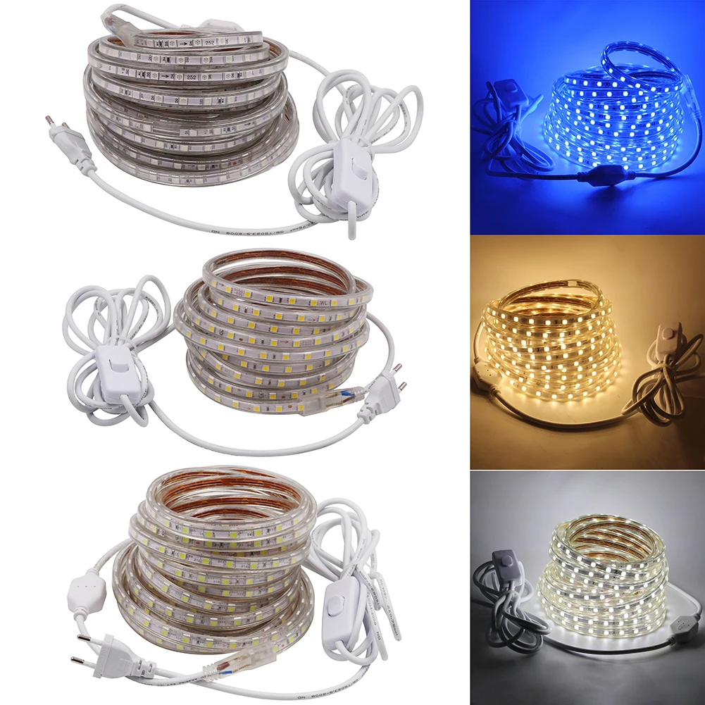 buy Dimmable 5050 Led Tape 220V Waterproof Flexible led strip 60Leds m outdoor Garden lighting with 3m ON OFF Switch EU Power plug