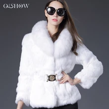 Women Real Winter Rabbit Fur Genuine Leather Jacket Fashion Fur Collar V-neck White and Black Fur Coat for Women