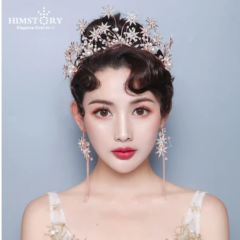 

HIMSTORY Fashion Gold Tiara Crown Star Headband Bridal Wedding Hair Jewelry Pearl Women Party Headpiece Hair Accessory