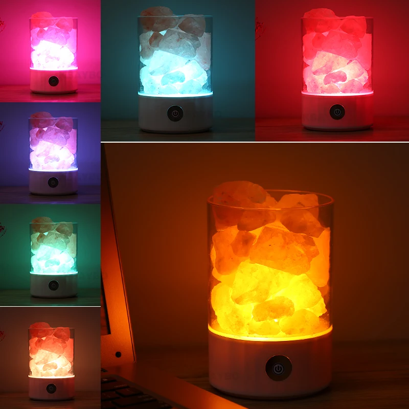 

7Color Changing USB Crystal Salt Night Light Himalayan Crystal Rock Salt Table Lamp Portable Design Touch Air Purifier Light