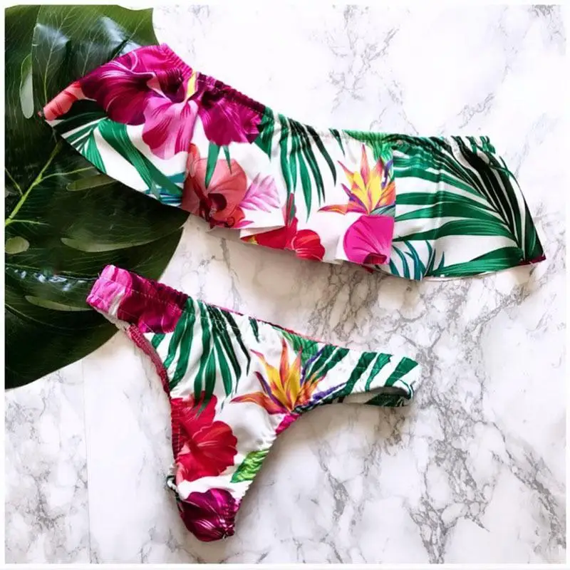 

Turmeric off-Shoulder bathers ruffle swimsuit female Thong bikini 2019 push up woman swimwear floral print bikini set high cut