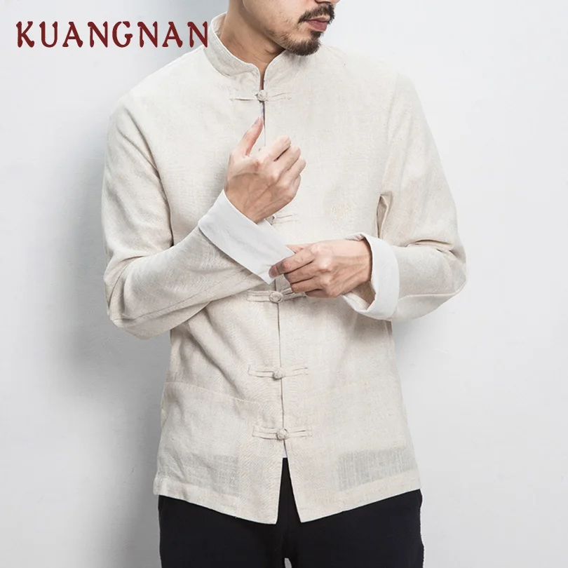 KUANGNAN китайский стиль Мужские рубашки с длинным рукавом Повседневная приталенная уличная Мужская рубашка Мужская льняная Повседневная рубашка мужская одежда осень