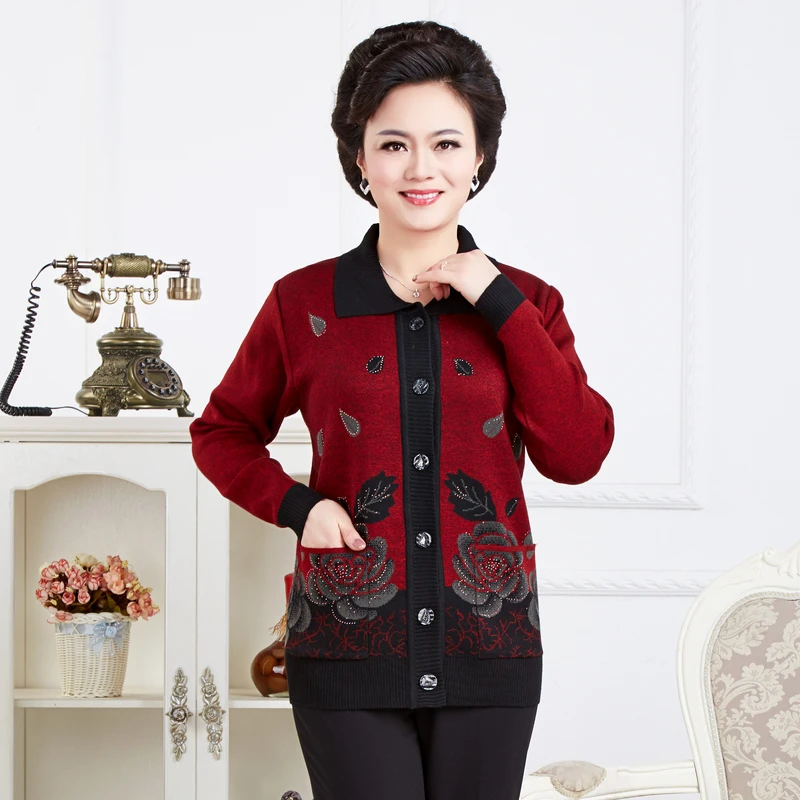 Autumn Winter Women Elegant Wool Cardigan Sweater Flower Pattern Desigan Old Ladies Grandma Mom Brown Cardigans Swteaters Autumn Winter Women Elegant Wool Cardigan Sweater Flower Pattern Desigan Old Ladies Grandma Mom Brown Cardigans Swteaters