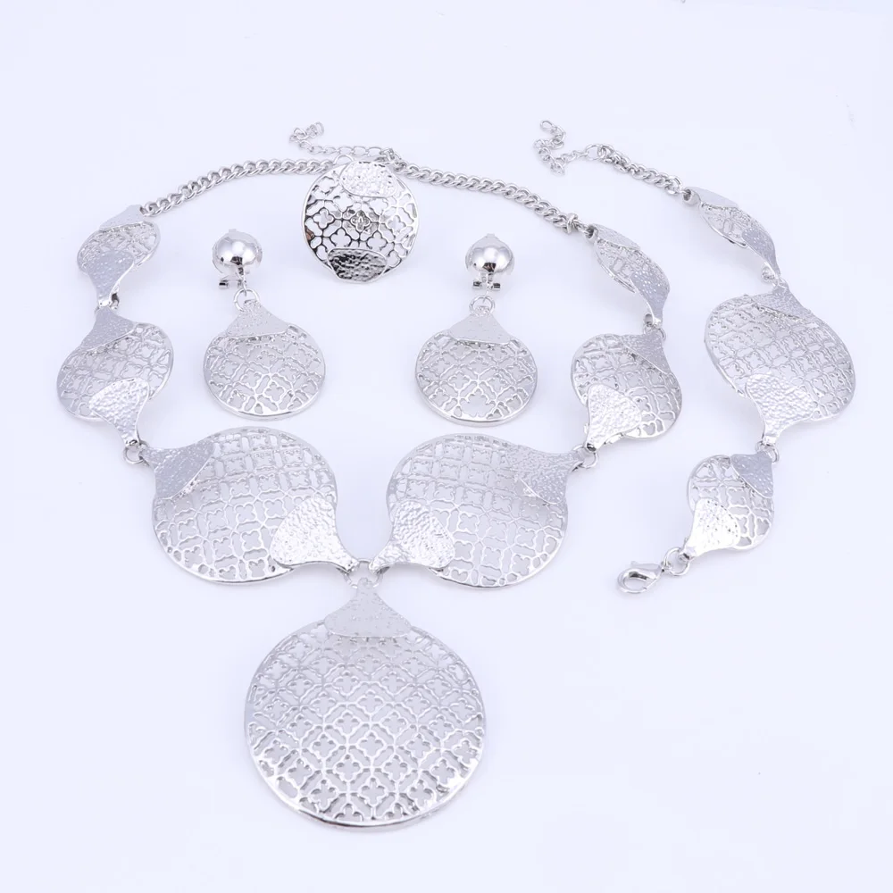 Дизайн серебра/комплект ювелирных украшений золотистого цвета нигерийские винтажные вечерние заявление большое ожерелье браслет, серьги, кольцо для женщин