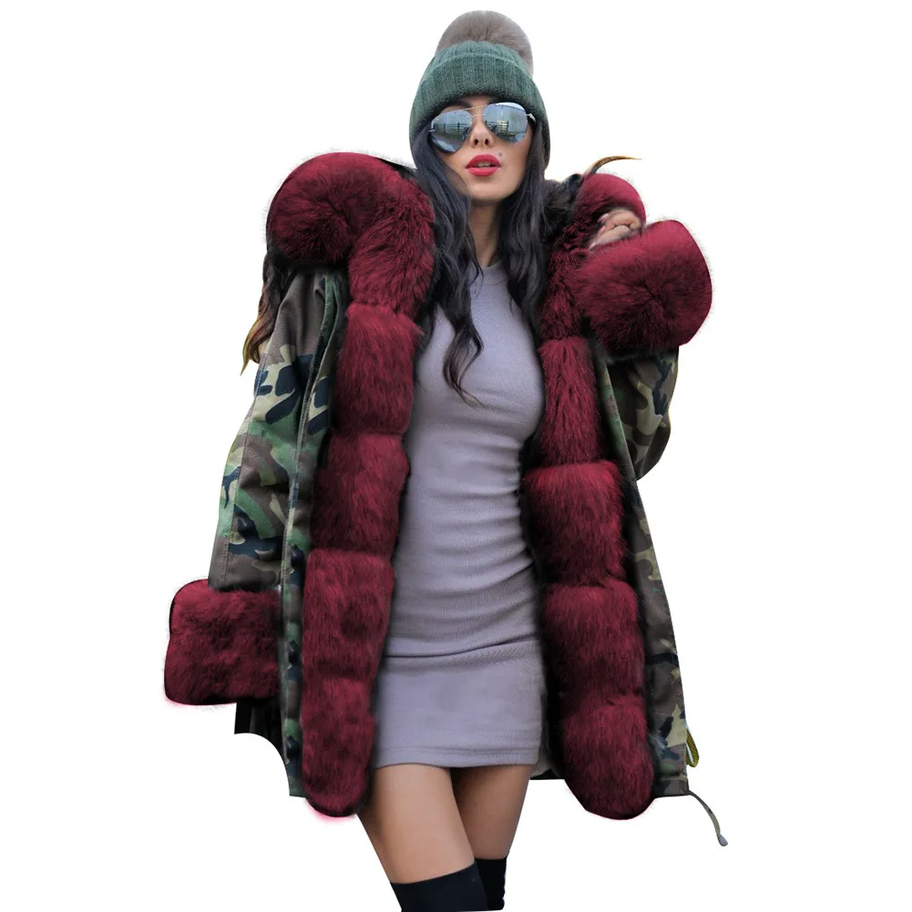 

Woman Camouflage Parkas Large Faux Raccoon Fur Collar Hooded Coat Outwear Detachable Fake Rabbit Fur Lining Winter Jacket