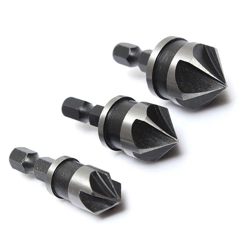 

ANENG 3pcs 90 Degree 5 Flute Countersink Drill Bit Set Wood Chamfering Cutter Tool 12/16/19mm