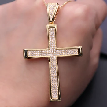 

Big Cross pendant Necklace Full Paved Cubic Zirconia Stone Gold Color Chain Max Necklace Fashion Hip Hop Jewelry Female Current