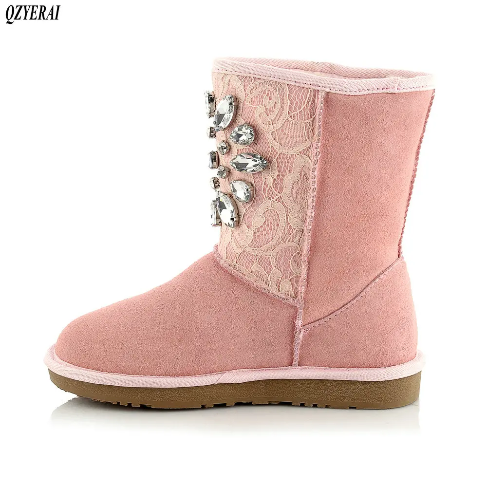 

QZYERAI 100% cow leather snow boots New style ladies fashion snow boots winter warm women's boots lace diamond women's shoes