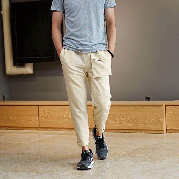 Summer Mens Linen Capri Pants Lightweight Slim Legs Casual