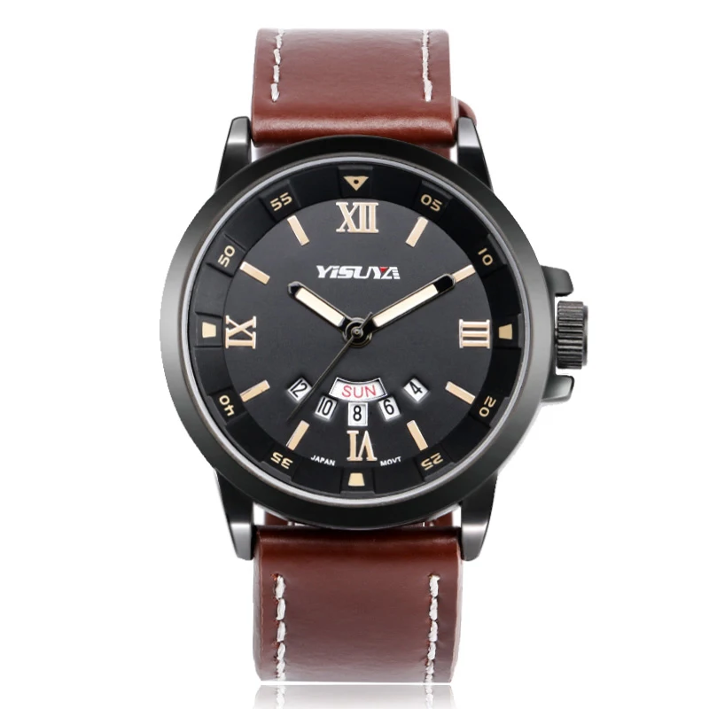 ФОТО YISUYA Men Watche Week/Date Display Genuine Leather Brown Strap Casual Quartz WristWatch Wrist Sport Watch Relogio Masculino
