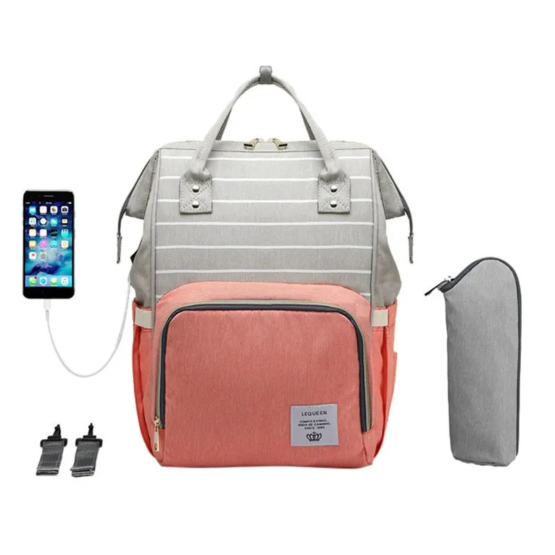 Модная полосатая сумка для подгузников для мам, Большая вместительная USB сумка для малышей, сумка для кормления, сумка для мам, детские подгузники - Цвет: pink and stripe