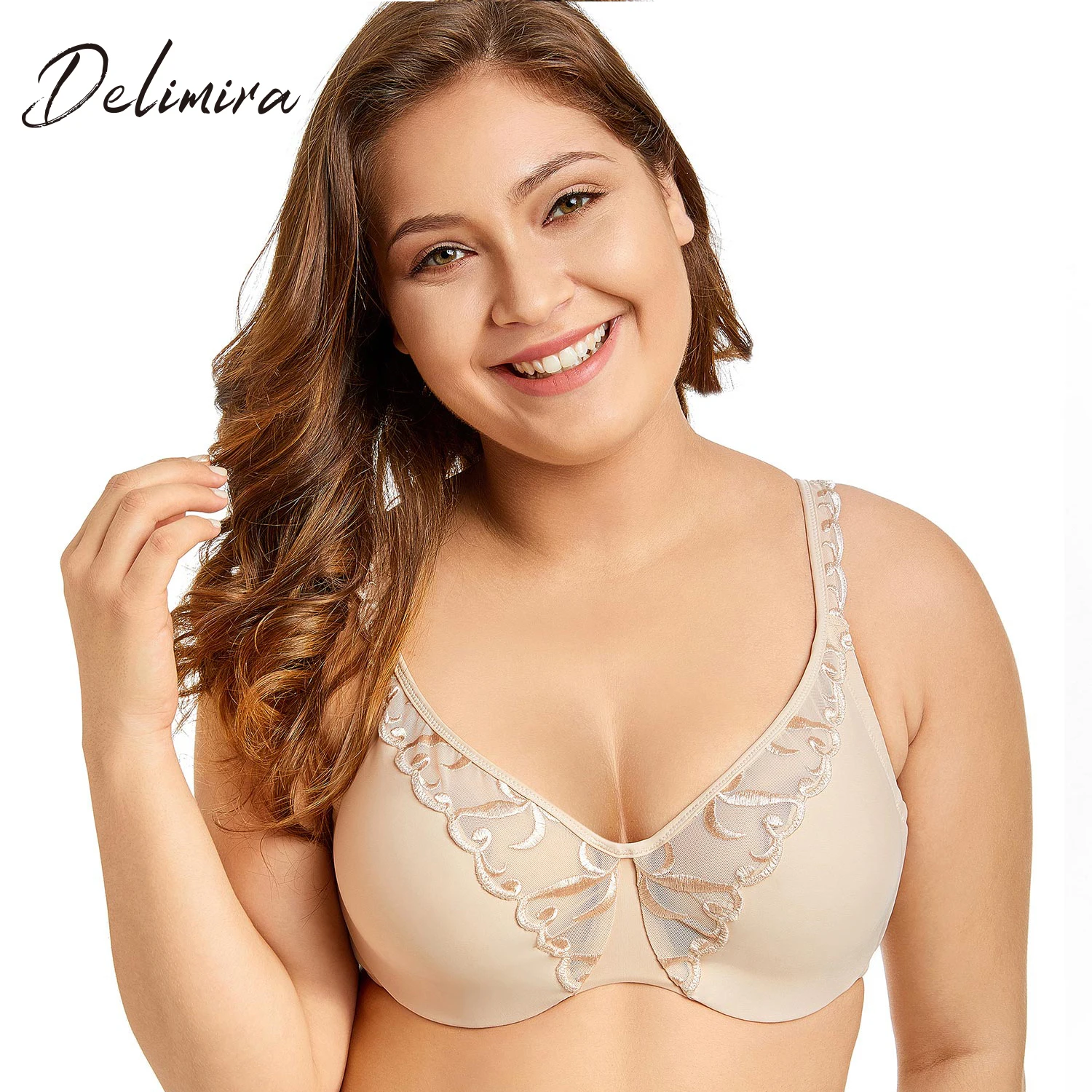 

Delimira Women's Non-padded Full Coverage Underwire Minimizer Embroidered Bra