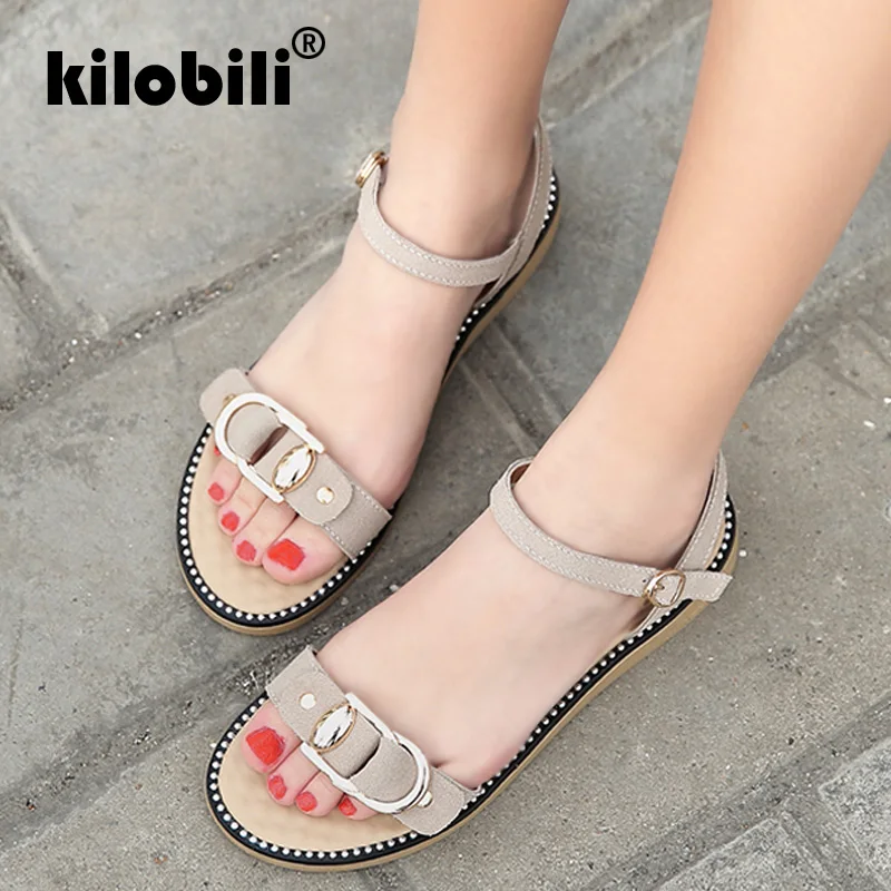 

kilobili Sandals Women 2019 Genuine Leather Women's Summer Shoes Ankle Strap Flat Sandals Female Fisherman Fashion Black Sandals