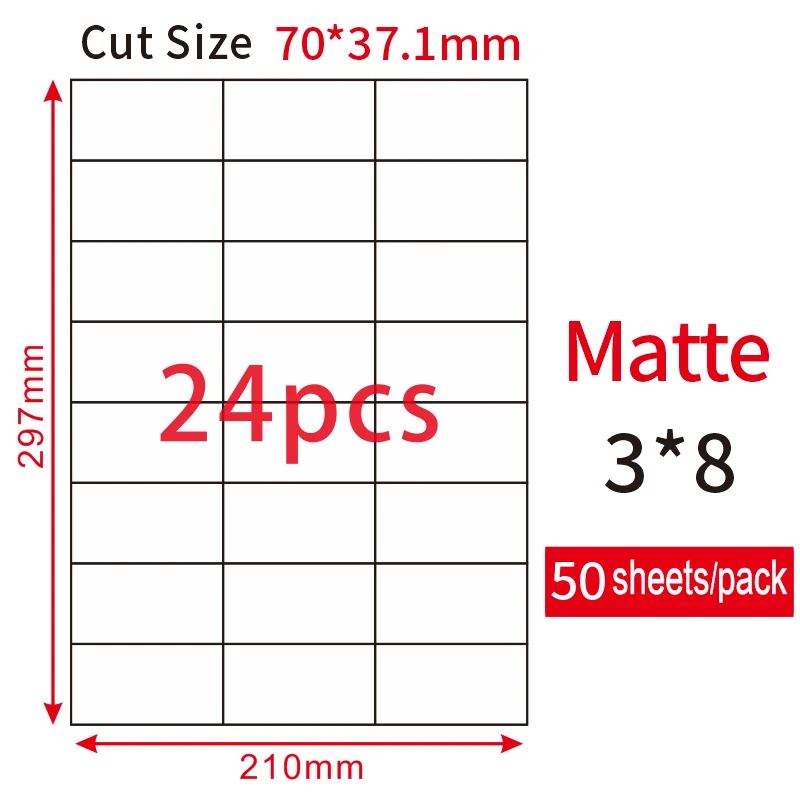 Jetland A4 адресные этикетки листы самоклеющиеся FBA наклейки Лазерный/струйный принтер, A4 высечки наклейки, 50 листов/упаковка - Цвет: 24 pcs 70-37.1 mm