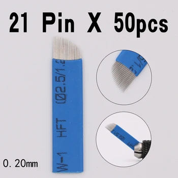 

21 Pins 50PCS Permanent Makeup Eyebrow Tattoo Bevel Blade Microblading Needles For 3D Embroidery Manual Tatoo Pen Machine Yellow