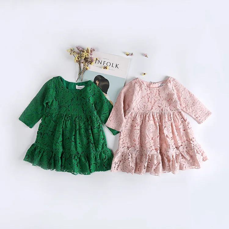 

Pink/Green Baby Girl Fashion Sweet Lace Dress long Sleeved Girls Cotton Elegant Princess Dresses Children clothes