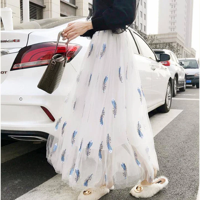

UPPIN Summer Boho Tulle Long Skirt High Waist Ladies Feathers Ankle-Length Skirts Womens A-Line Casual Sweet Girls Midi Skirt