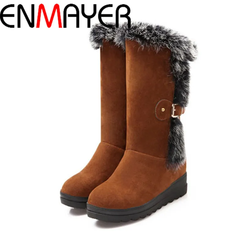 

ENMAYER Free Shipping Mid-calf Winter Boots for Ladies Warm Plush Snow Boots with Buckle Round Toe Hidden Heels Women's Boots
