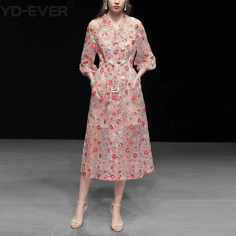 

Vintage Gauze Flower Embroidery Overlay Trench Coat Women Double-Breasted Notched Lantern Sleeve Belt Mesh Long Coat Outerwear