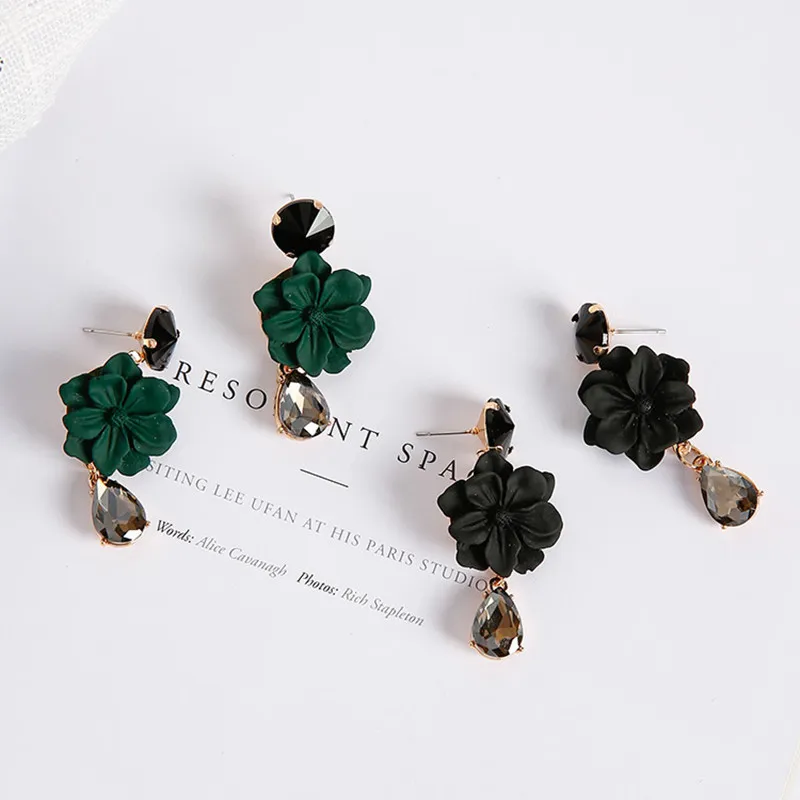 FYUAN, винтажный натуральный богемский камень, черный кристалл, большие серьги для женщин, модные ювелирные изделия, зеленый цветок, висячие серьги, бижутерия