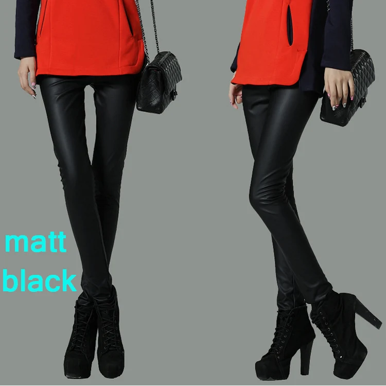 Утепленные зимние женские брюки из искусственной кожи с высокой талией, эластичные флисовые Стрейчевые узкие женские брюки-карандаш, обтягивающие брюки, 25 цветов - Цвет: matt black