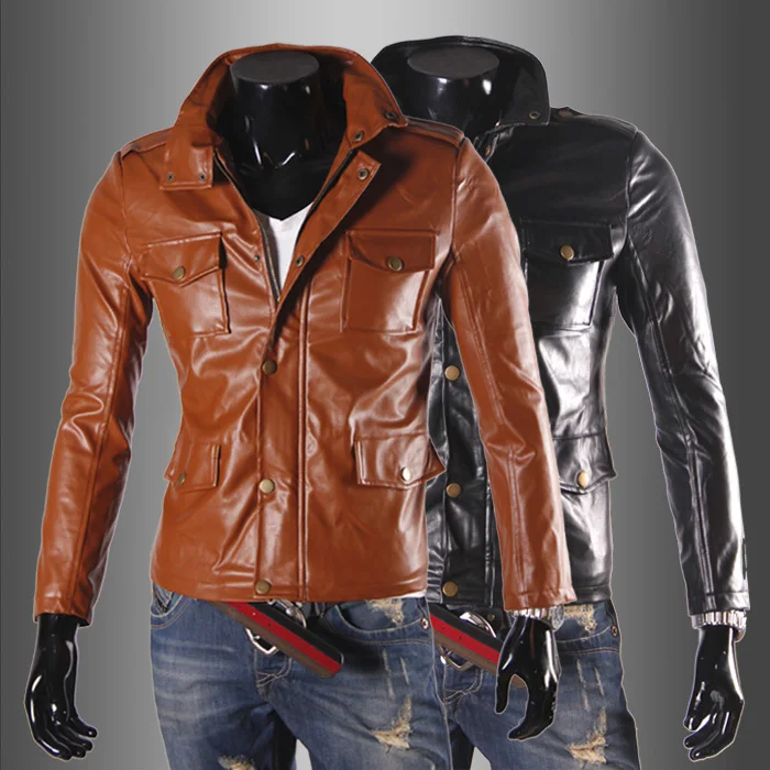 2014 New Casual Men Fashion Slim PU jacktes coat size M/L/XL/XXL | Тематическая одежда и униформа
