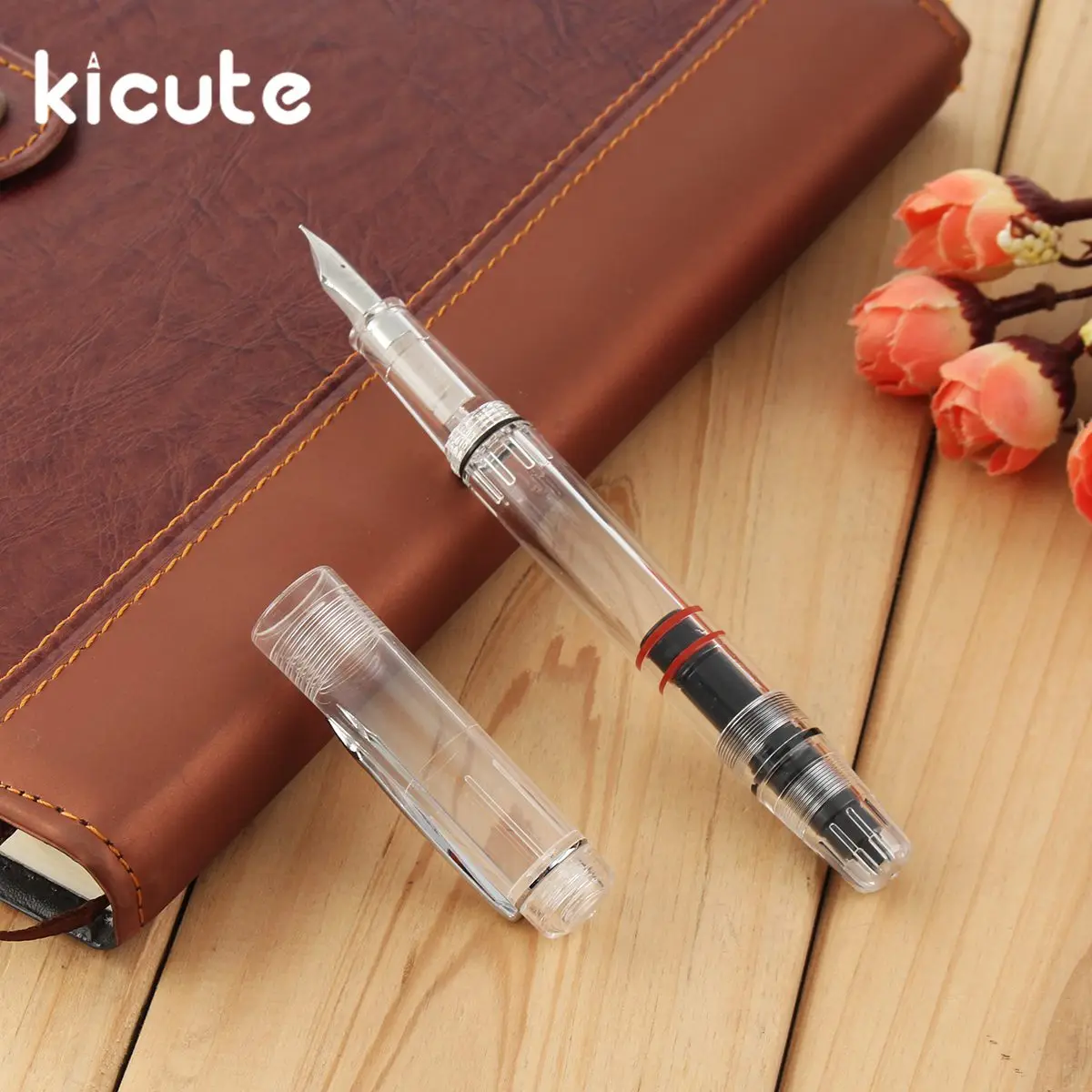 

Kicute 1pcs 0.38/0.5mm Fine Nib Transparent Piston Fountain Pen for Writing School Office Stationery Supplies for Students Gift