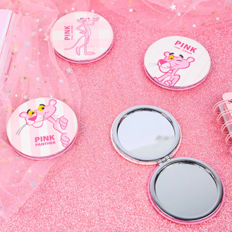Розовая пантера, милое круглое зеркало для макияжа, Портативное двухстороннее складное мини-зеркало с зеркалом из искусственной кожи, подарок для девочек