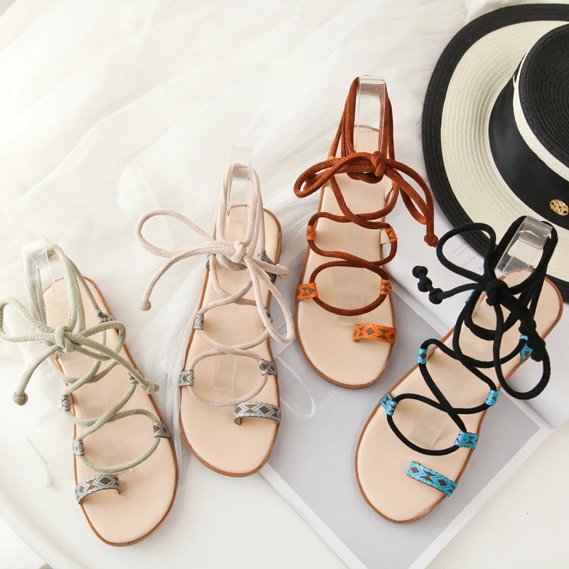 

Myfitgo Lace up Fashion Women Sandals Straps Cross tied Female Flat Flip Flops Toe Rings Summer Beach Holiday Sandals Ladies