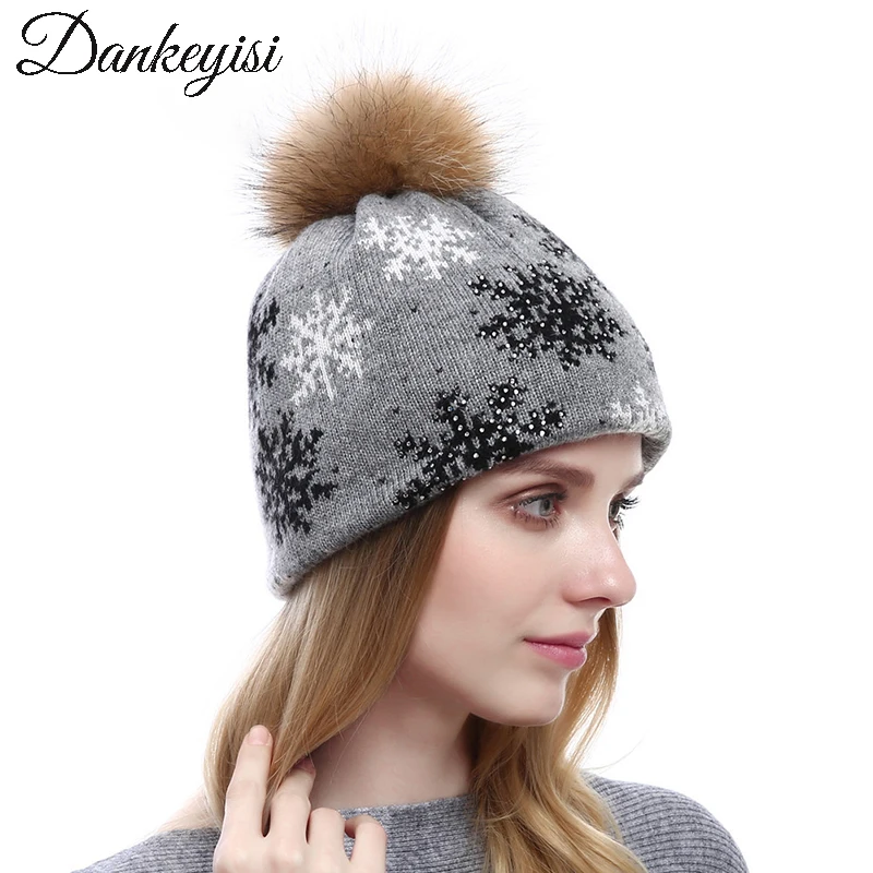 

DANKEYISI Real Mink Pom Poms Beanies Wool Kintted Raccoon Fur Hat Skullies Women Winter Hat Girls Hat Feminino Warm Hat Bonnet