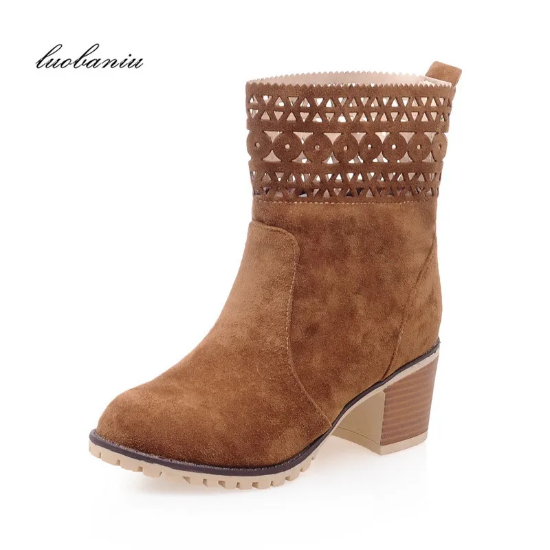 

35-43 Natural Suede Ankle Boots Women Winter Boots Heel Warm Plush Women Boots