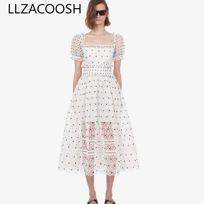 

Self Portrait Runway Lace Women Dress Summer White Dot Print Backless Party Long Dress Vintage Floral Hollow Out Dress