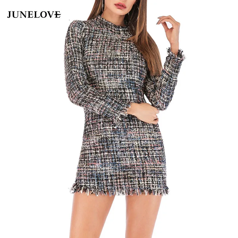 colorful plaid print tassels bodycon mini dress