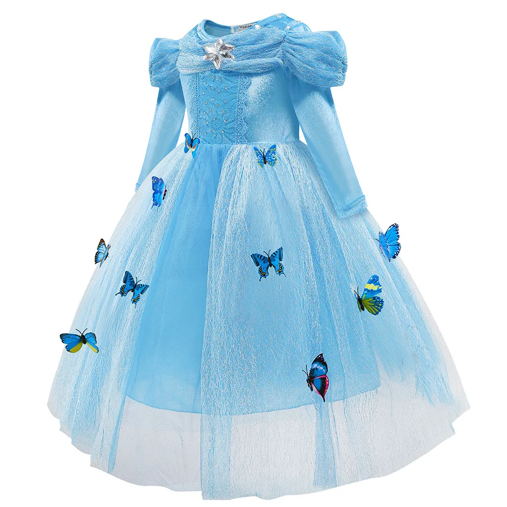 Однотонное кружевное платье с героями мультфильмов «Дисней» Сетчатое платье принцессы Золушки Пышное романтичное платье для девочек