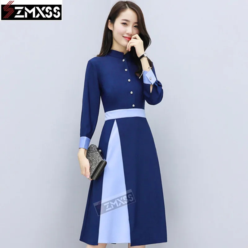 

SZMXSS Female Autumn New Women Korean Version Slim Cold Wind Patchwork StandNeck Casual A-Line Sashes Button Dress Vestidos