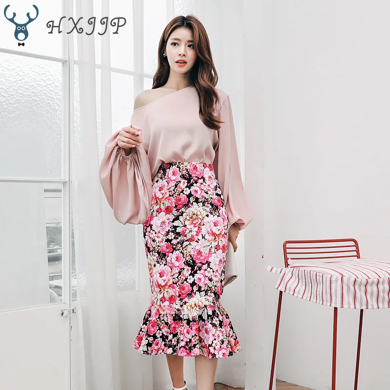 

HXJJP 2019 Winter Two Piece Sets Lantern Sleeve Loose Casual Blouse Bodycon Flower Fishtail Print Skirt Women Sexy Party Dress