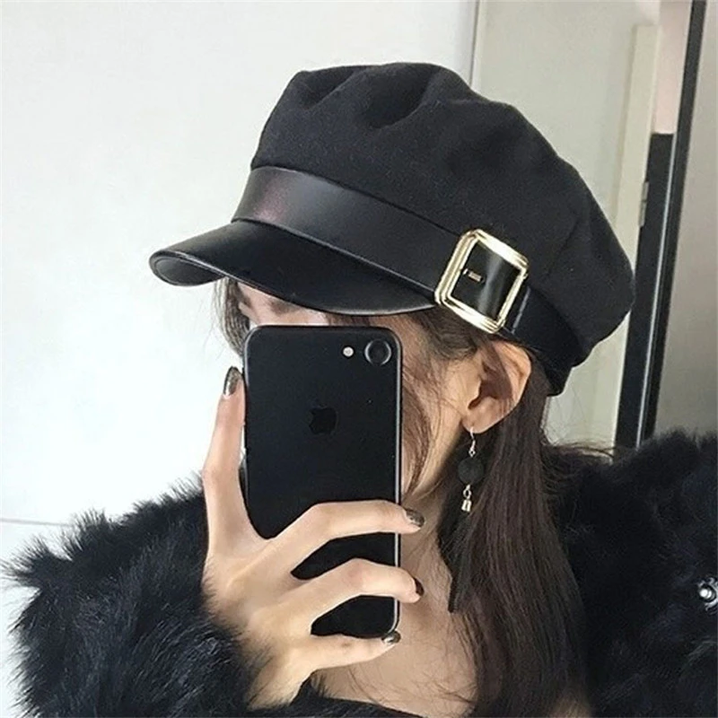 Женская шляпа панка из искусственной кожи с пряжкой - Цвет: black