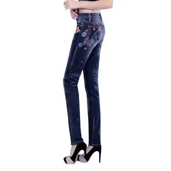 

New Fashion Mid Waist Print Embroidery Stretchable Slim Women Pencil Jeans Quality Spring New Trousers