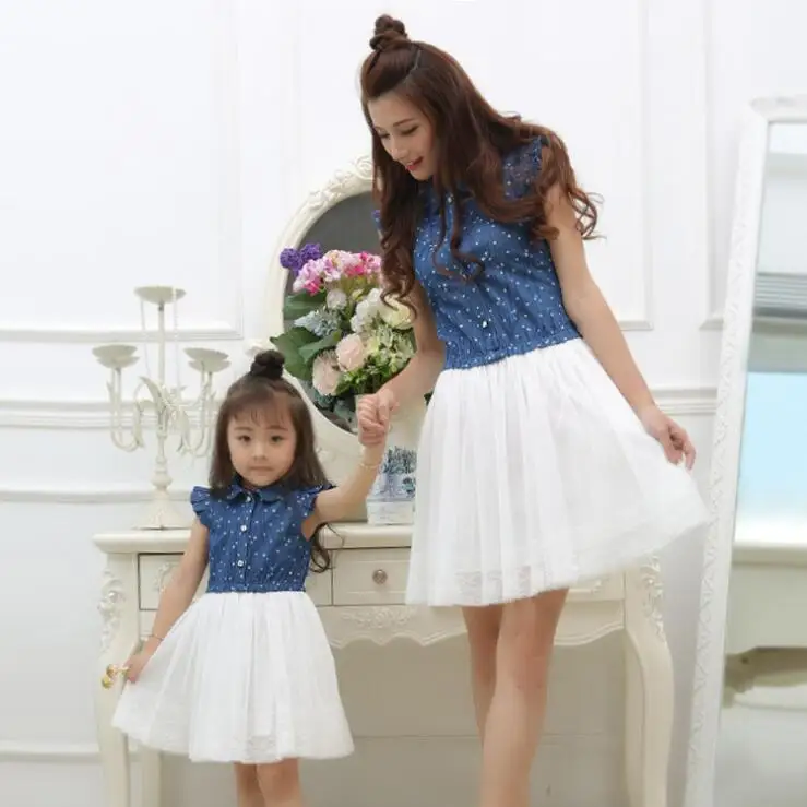 

Mesh Denim Dress Mommy and Me Clothes Mother Daughter Matching Outfits Family Look Mom Mum and Girls Dresses Clothing Polka Dot
