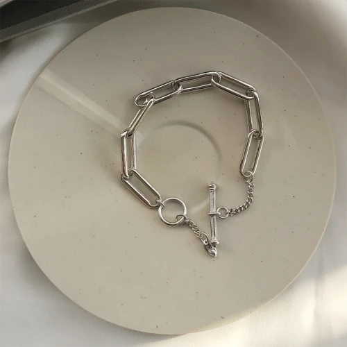 925 стерлингового серебра геометрический дизайн звено цепи браслет для женщин ювелирные изделия подарок с открытые пряжки - Цвет камня: silver