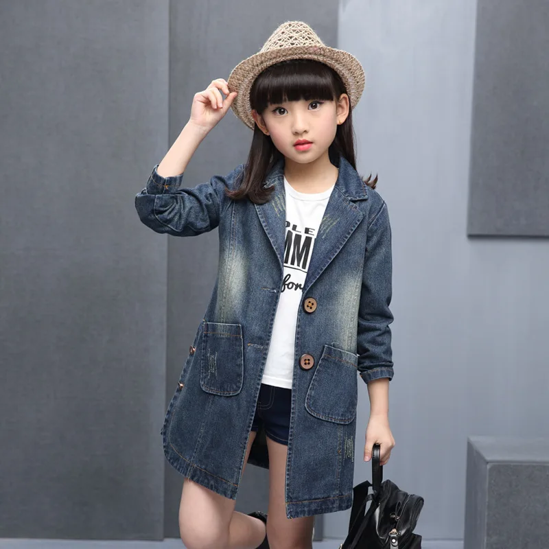 

Girl autumn new denim jacket Girl simple fashion long coat Girl denim casual trench coat Girl high quality denim jacket