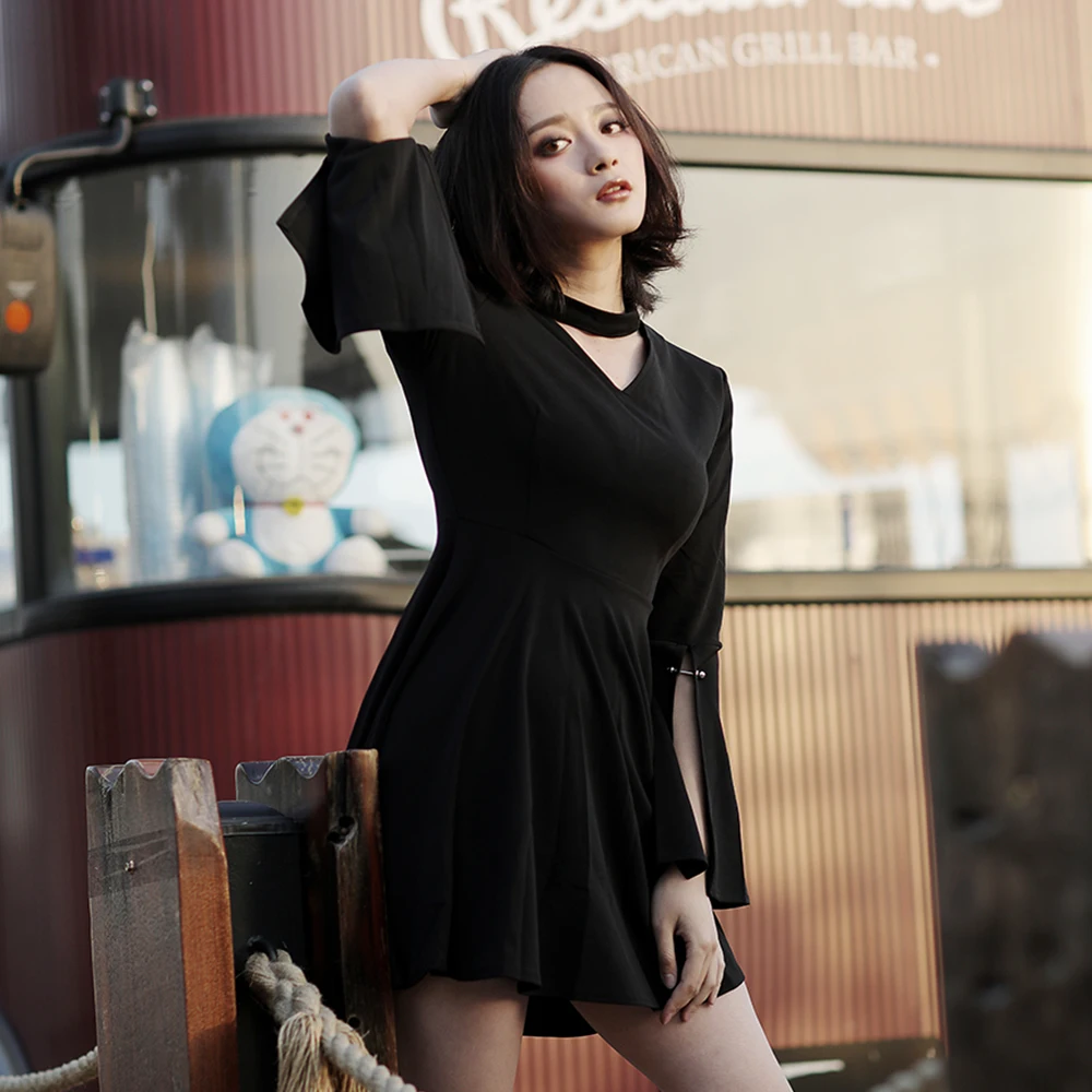 Mince Mini Noir Gothique Halter Harajuku Ligne Croix Punk Robes Cravate Robe Une Japonais Femmes Sangles vHEqS