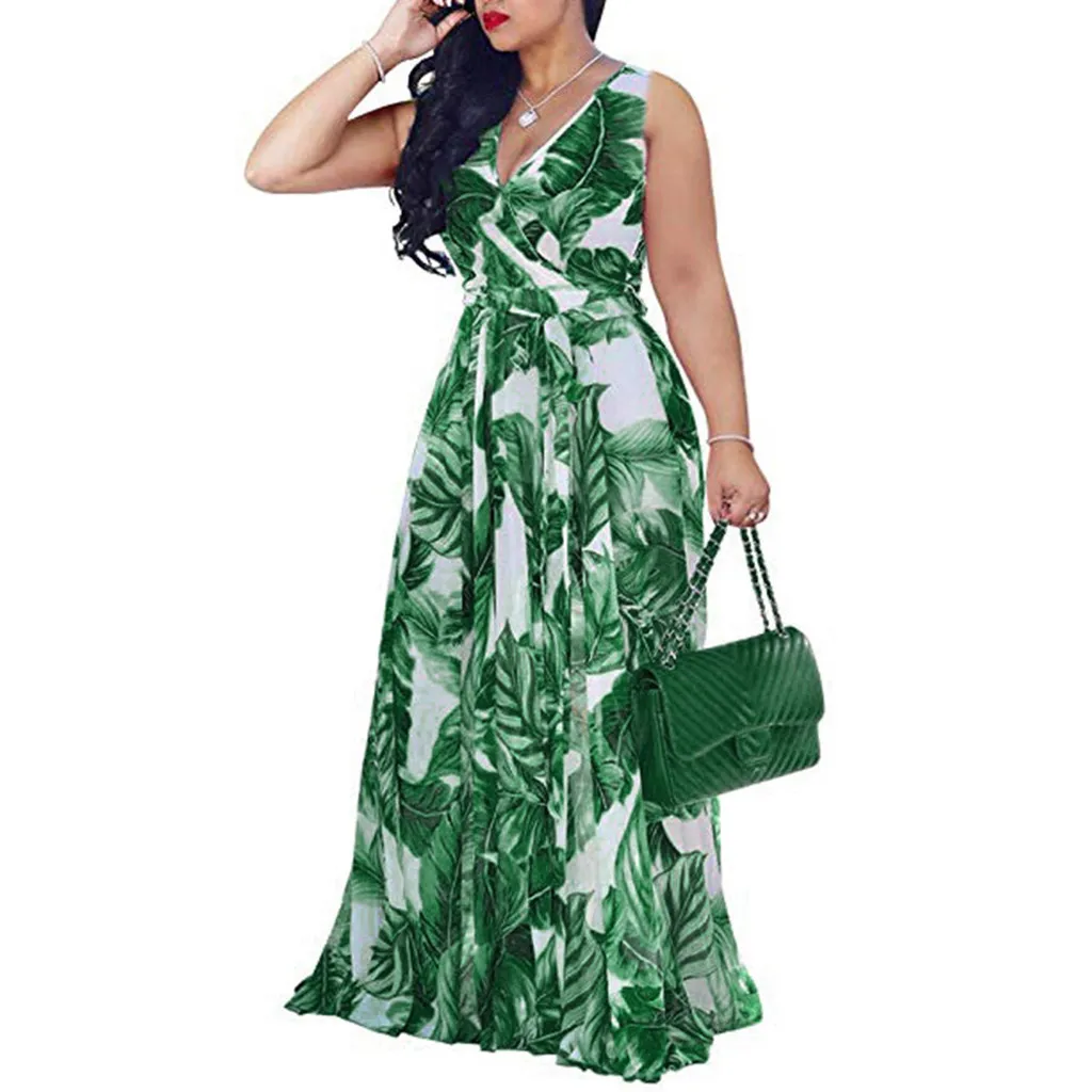 

Women's Sexy Off Shoulder Sleeveless Print Dress Stylish Chiffon With Belt V-Neck Floral Maxi Dress Large Size Loose Dresses3Q