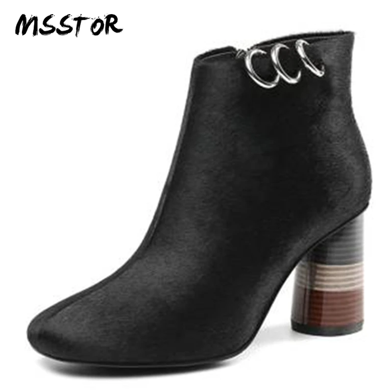 

MSSTOR Metal Decoration Black Boots Women Fashion Zipper Sexy Round Toe Autumn Winter Boots Women Sewing High Heels Boots Women