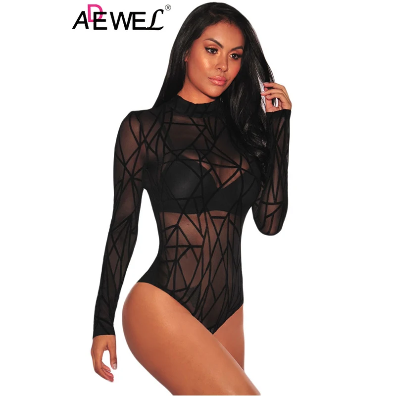 

ADEWEL Night Club Sexy Women Bodysuit Black Sheer Mesh Long Sleeve Geometric Velvet Body Suit Combinaison Femme Jumpsuit Romper